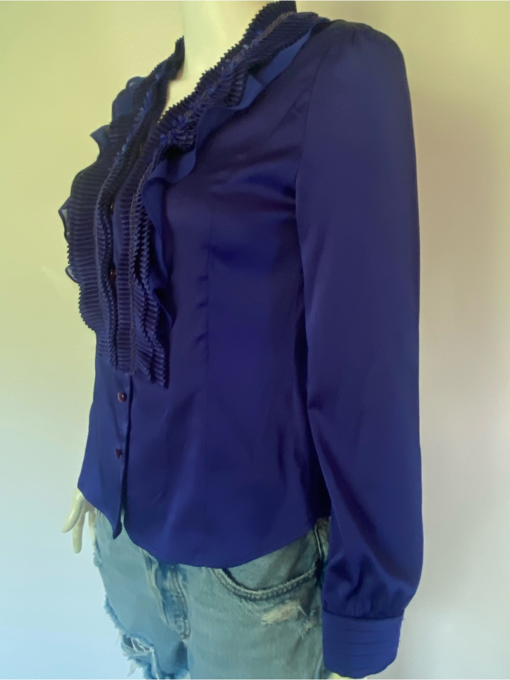 Women’s Royal Blue Ruffle-Front Button Blouse - Picture 9 of 13